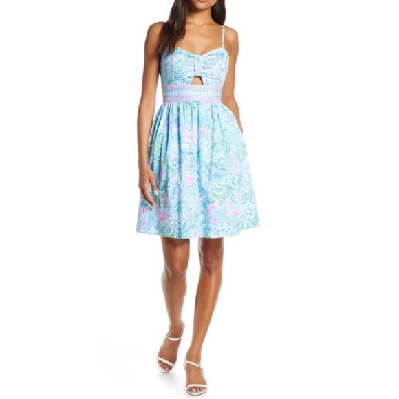 Lilly Pulitzer Katelyn blue & pink floral tropical spaghetti strap a line dress - Picture 3 of 11